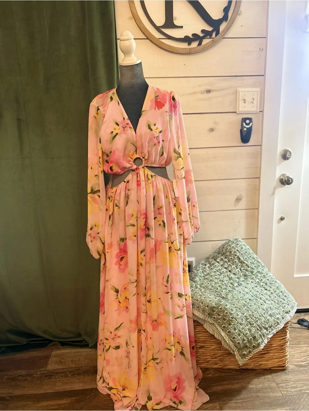 Floral Pink Maxi Dress with Ring Waist Detail